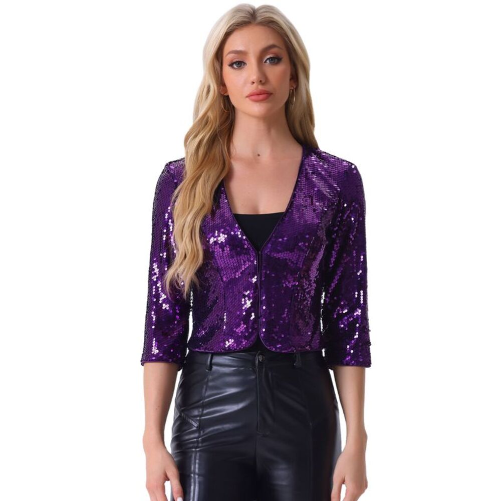 Sequin Jacket 3/4 Sleeve Open Front Party Shiny Glitter Shrug Blazer Dark Purple